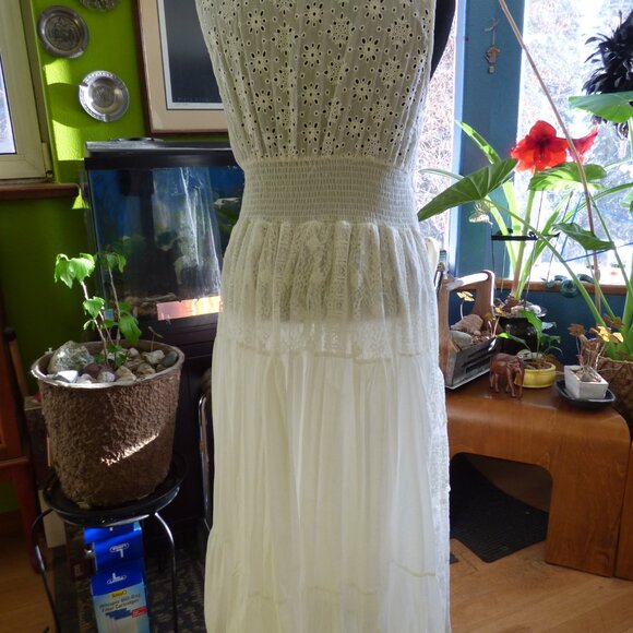 GOTH BOHO PRAIRIE WEDDING WHITE FLORAL EYELET WOVEN TIERED FULL MAXI DRESS XL - Picture 4 of 16
